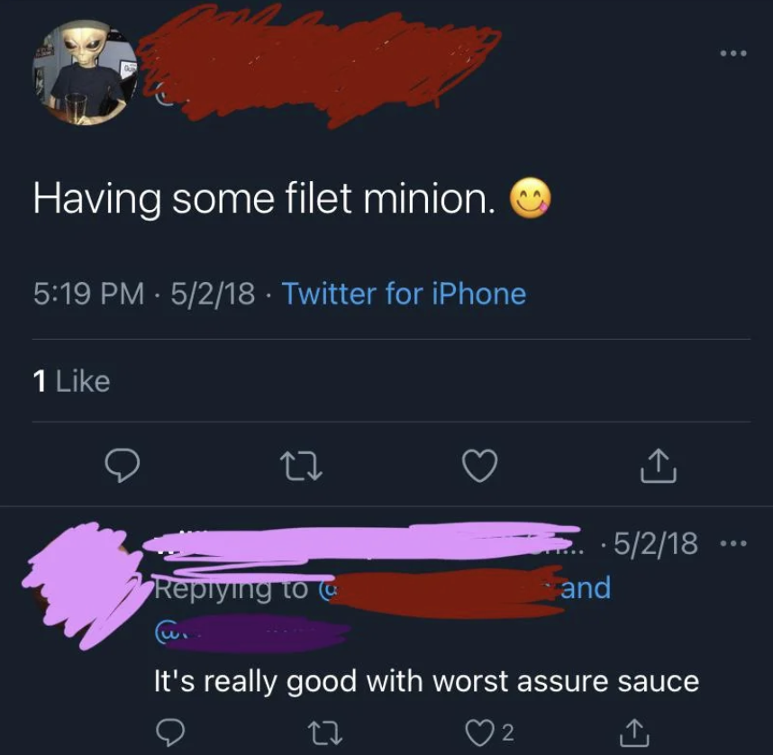screenshot - Having some filet minion. 5218 Twitter for iPhone 1 27 . 1.5218 and It's really good with worst assure sauce 22 2